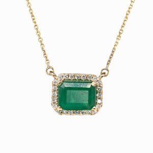 1.7cts Zambian Emerald Necklace in Solid 14K Gold with Natural Diamond Halo